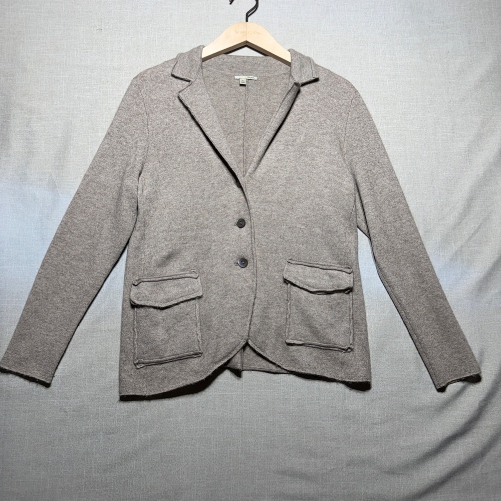 Halogen Blazer Sweater Women XL Petite Heather Taupe LS Wool Cashmere Knit